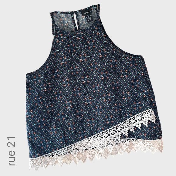 RUE21 | NWOT RACERBACK CROP TOP NAVY BLUE DITSY PRINT LACE TRIM | SMALL - Picture 1 of 8